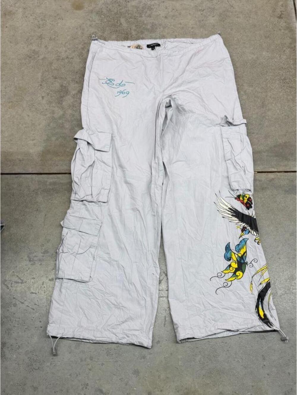 vintage ed hardy relaxed baggy fit grey nylon track pants size medium